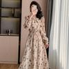 Korean Ruffle Print Chiffon Dress with Puff Sleeves