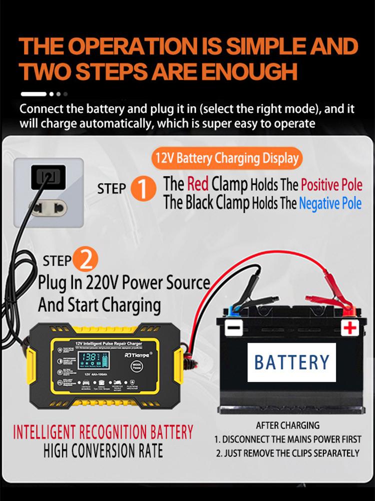 Car Battery Charger 12V 6A Touch Screen Pulse Repair LCD For Auto Moto Fast Power Charging Wet Dry Lead Acid Digital LCD Display