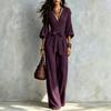 Damen V-Ausschnitt Wickel Taille Binden Weiter Bein Jumpsuit Einfarbige Freizeit Lockerer Schnitt