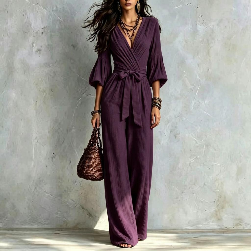 Damen V-Ausschnitt Wickel Taille Binden Weiter Bein Jumpsuit Einfarbige Freizeit Lockerer Schnitt
