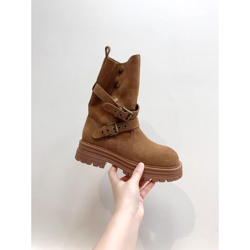 Autumn new retro wind matte leather rivet belt buckle two wear medium boots women's thick heel thick-soled Martin boots