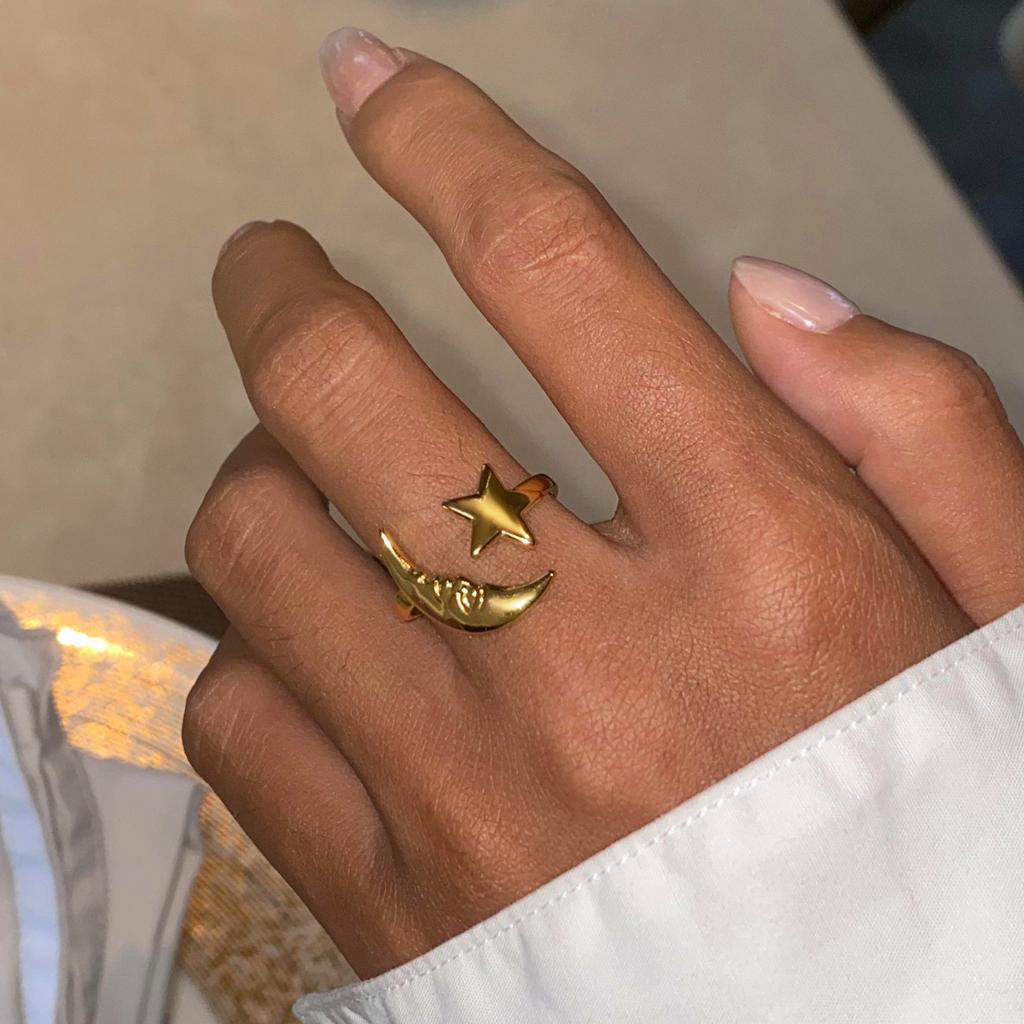 Yori 2025 Minimalist Stainless Steel Star Moon Open Ring 18K Gold Plated Thin Finger Jewelry Basic Style Wholesale