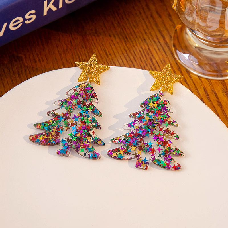 New Acrylic Christmas Tree Earrings, Niche Exaggerated Temperament High-End Colored Pentagram Earrings