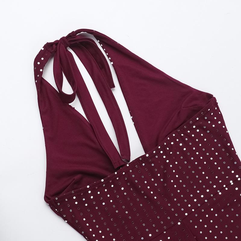 Seksowny kombinezon z dekoltem halter i głębokim dekoltem w serek, z hot drill, cienki, błyszczący, wyszczuplający, w stylu Spice Girl, casualowy