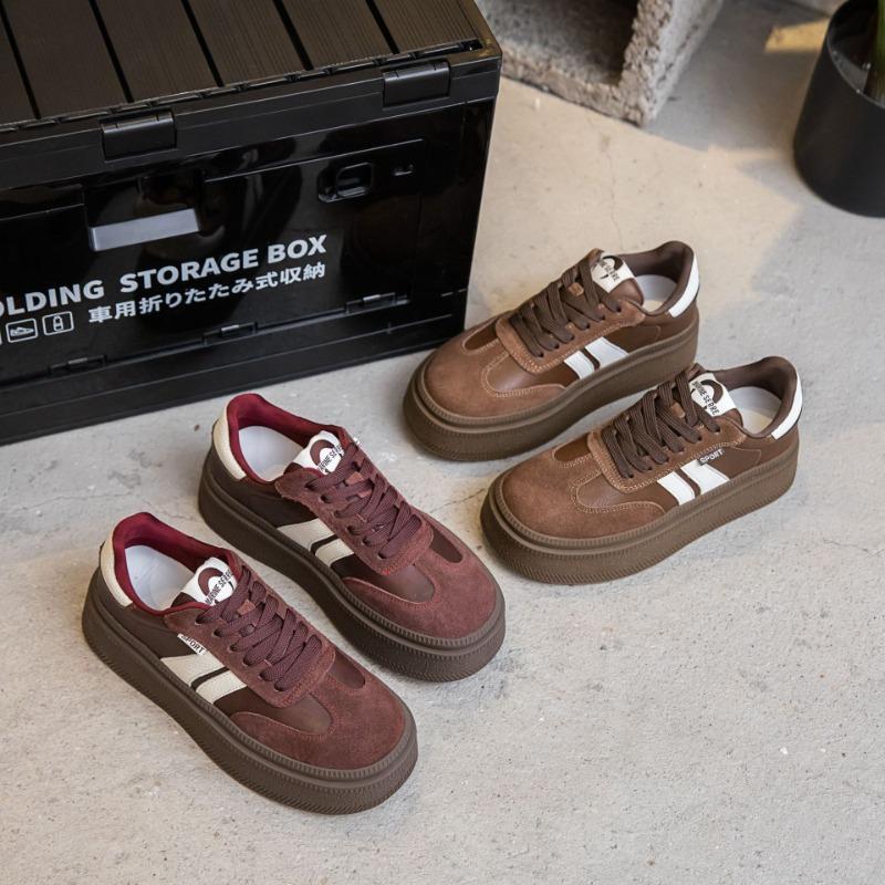 Leather thick-soled red women's retro casual sports board shoes autumn new versatile bread shoes