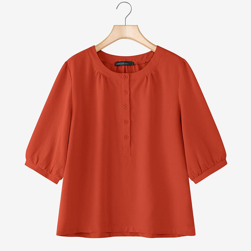 

ZANZEA Женская повседневная блузка с круглым вырезом, свободного кроя, с рукавами 3/4, однотонная 5XL красный
