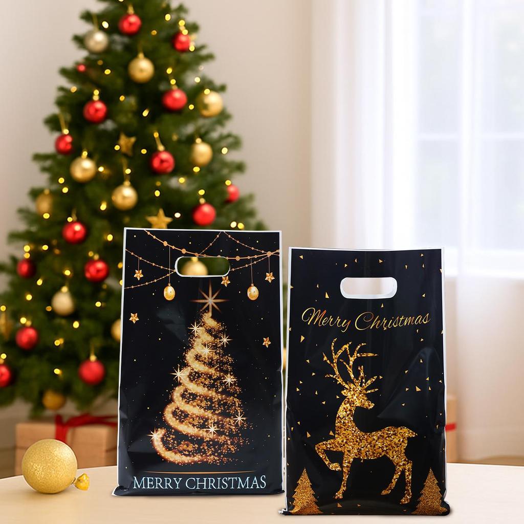 10PCS Mixed Golden Elk Christmas Series Party Gift Tote Bag OPP Glitter Gift Bag Candy Bag Plastic Gift Return Bag