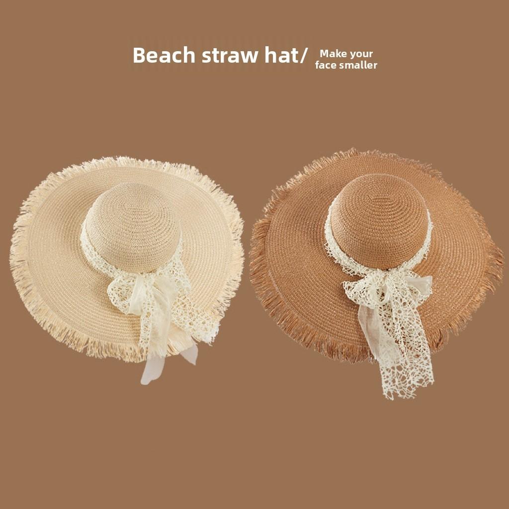 Summer Straw Hat With Wide Brim And Lace Edge For Sun Protection And Travel