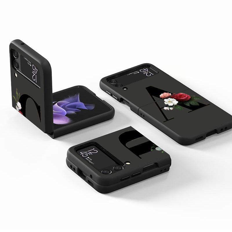 Letters DIY Flower Case For Samsung Galaxy Z Flip 3 4 5G Black Hard PC Phone Housing Z Flip4 Luxury Coque Shell