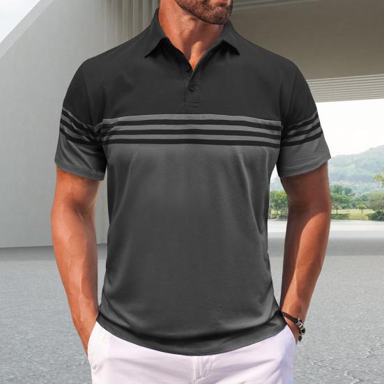 Camiseta a rayas para hombre, de manga corta con solapa, de mezcla de algodón transpirable, informal, para uso diario, fiestas, oficina y golf.