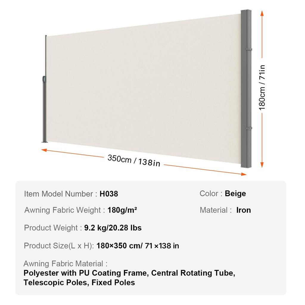 Retractable Side Awning, 71''x 138'' Outdoor Privacy Screen, 180g Polyester Water-proof Retractable Patio Screen, UV 30+ Room Divider Wind Screen for