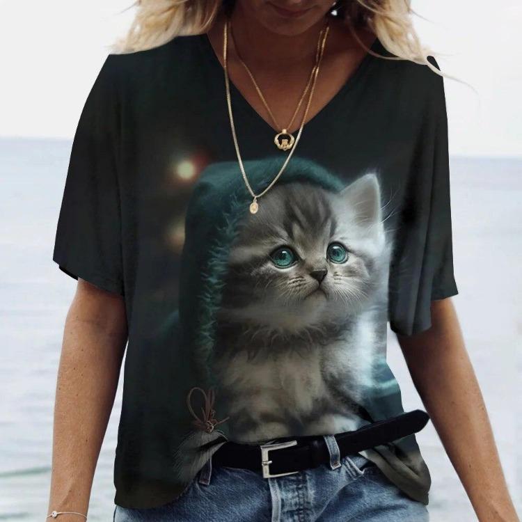 Women's Kawaii Cat Print 3D T Shirt Short Sleeve V Neck Tees Casual Holiday Top Female T Shirt