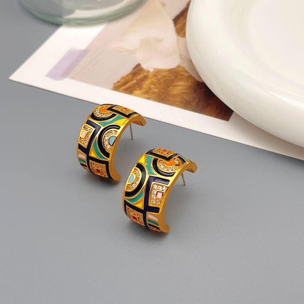 High-End Retro Enamel Zircon Earrings - Unique European & American Style