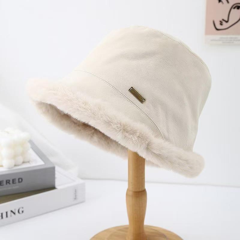 New autumn and winter versatile leather plush burrs bucket hat women's front long rear short ear hat