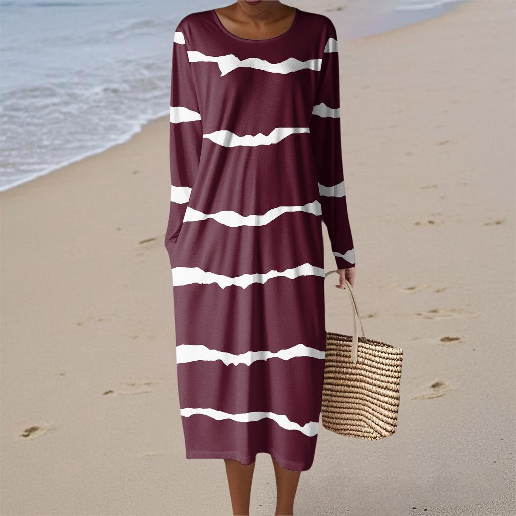 Vestido Feminino Casual de Moda com Manga Longa, Listrado, Bolinhas, Gola Redonda, Bolso, Elegante, com Temperamento