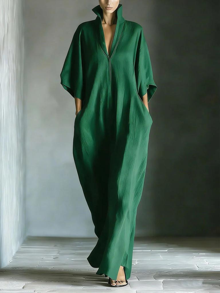 Women's 3/4 Sleeve Stand Collar Robe with Front Zipper Slit Hem Loose Fit Ankle Length Duster Multi Colors
