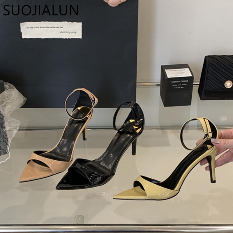 Fashion SUOJIALUN Summer Brand Women Sandal Shoes Fashion Pointed Toe Ankle Strap Ladies Elegant Gladiator Shoes Thin High Heel Pumps