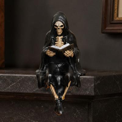 Halloween Reading Book Skeleton Figurine, Spooky Reading Devil Resin Sculpture, Gothic Black Robe Grim Reaper Statue for Home Office Bookshelf Decor