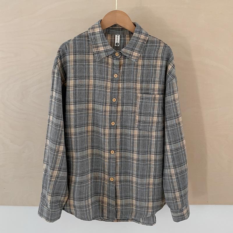 Plaid Shirt Spring and Autumn New Korean Temperament Casual Style Long-sleeved Lapel Jacket Women's Hong Kong Style Retro Versatile Top