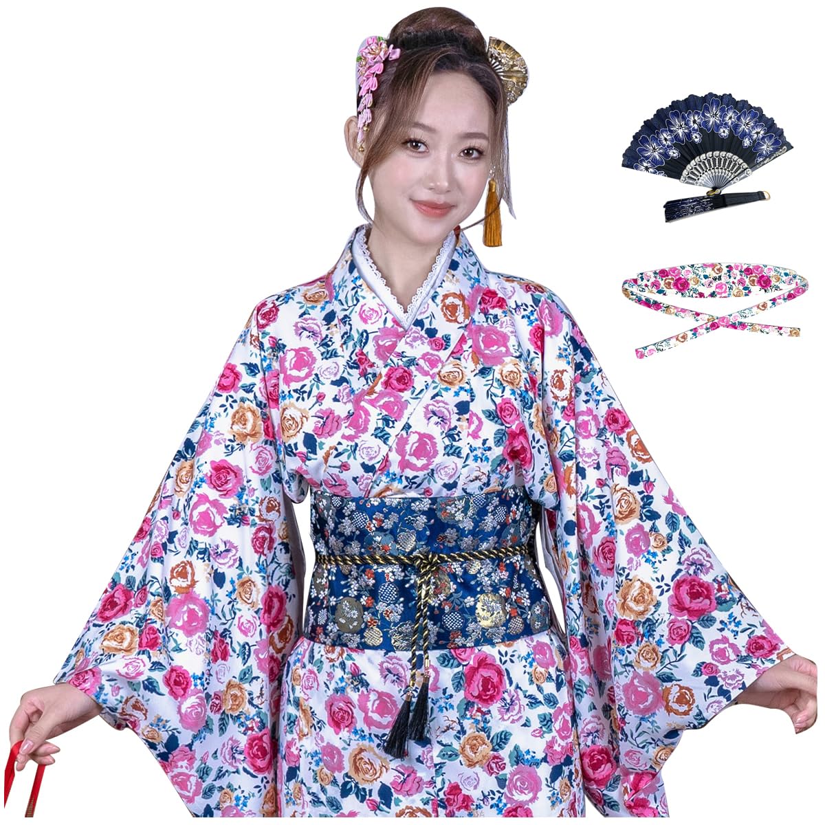 

[Lkbilswei] Women s Yukata Set - Smooth Chiffon Yukata with Matching Pattern, Simple Obi Sash, and Fan - 3-Piece Set - Floral Pattern: Camellia,
