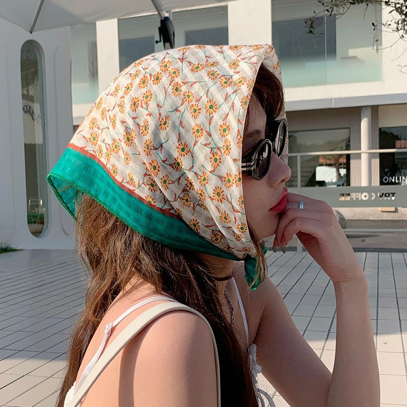 Eșarfă mică pătrată retro de țară, eșarfă artistică franțuzească din bumbac și in, eșarfă de cap pentru femei de primăvară și toamnă, vară, pentru umbră și protecție solară