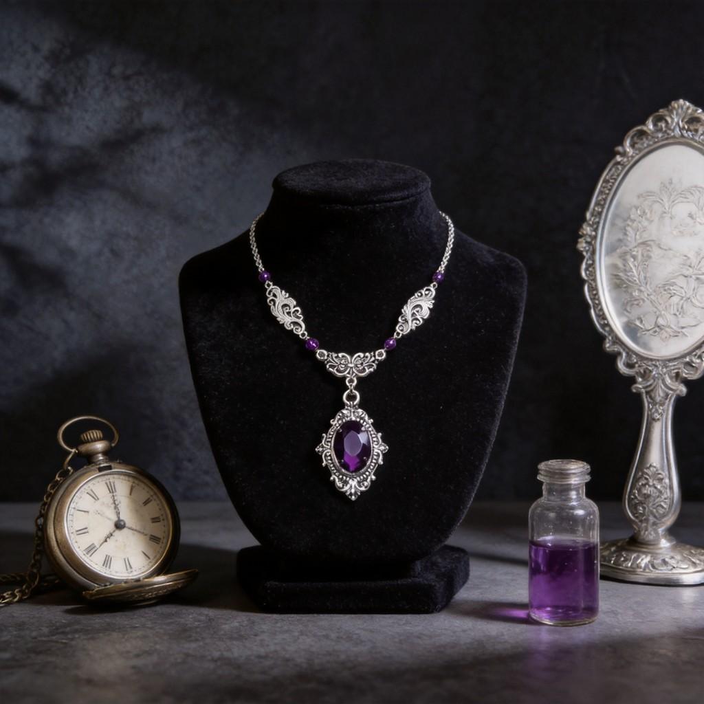 Viktorianische Gothic Halskette Mit Tief Lila Glas Edelstein Legierung Anhänger Für Frauen