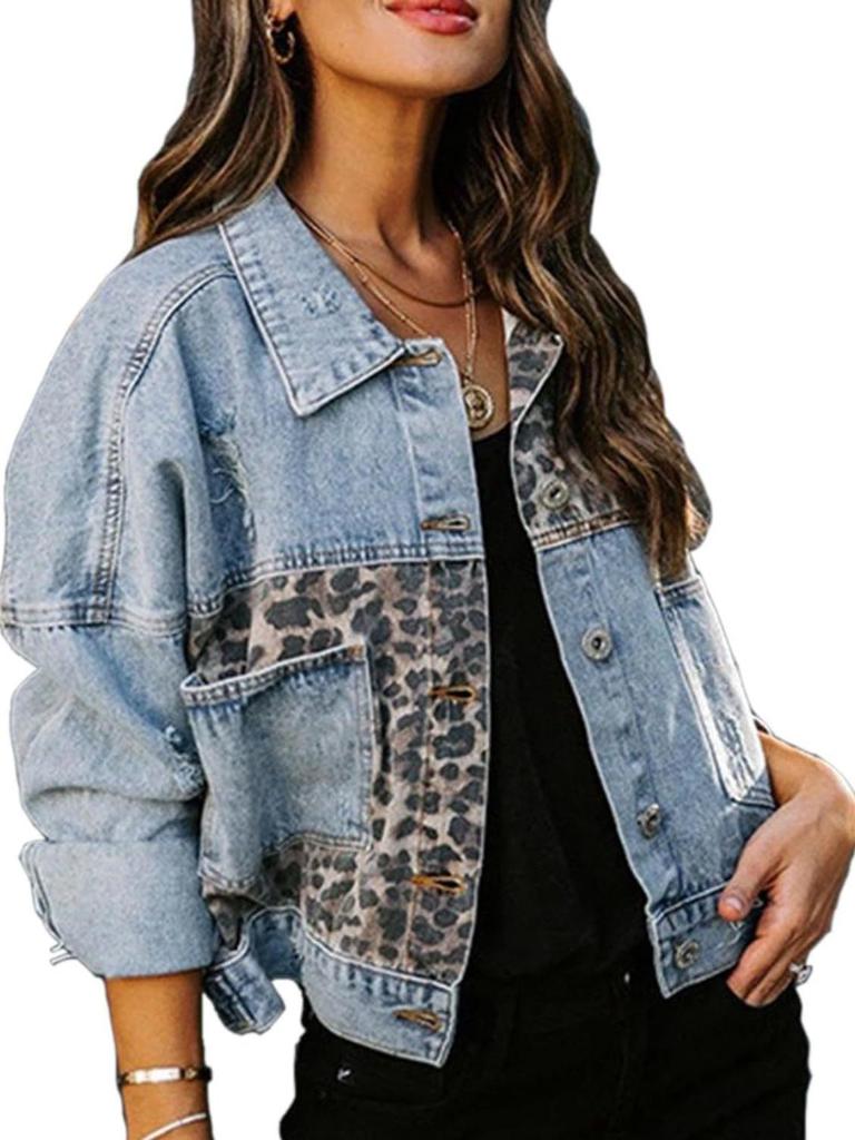 Women's Patchwork Leopard Print Denim Jacket 2026