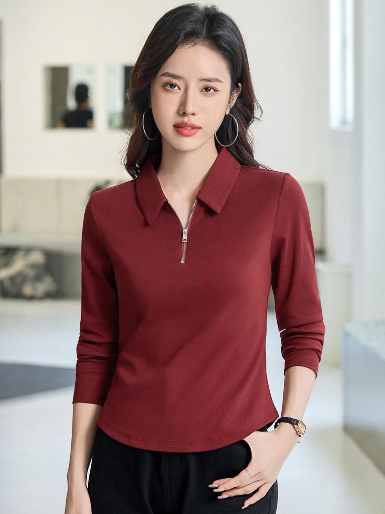 2025 Damen Slim Fit Langarm Polo-Kragen T-Shirt - Einfarbiges Base Layer für Frühling und Herbst