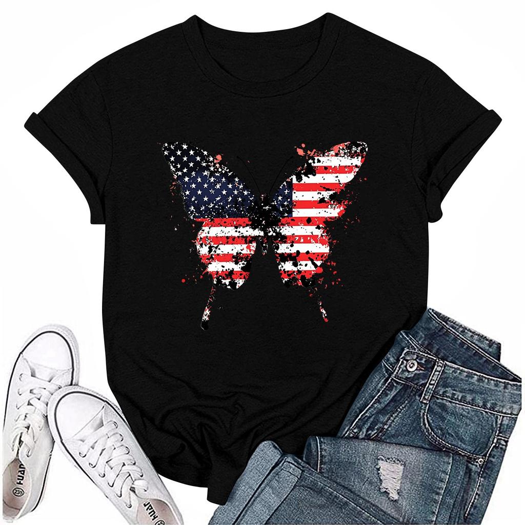 Adults Casual Daily Round Neck Independence Day Printed Short Sleeved T-shirt Letter Top