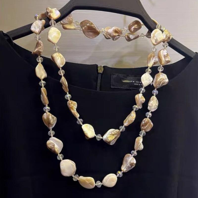 JMXD-Retro Shell Crystal Beaded Long Necklace, Sweater Chain Women's Light Luxury High-end Fashion Temperament Accessories