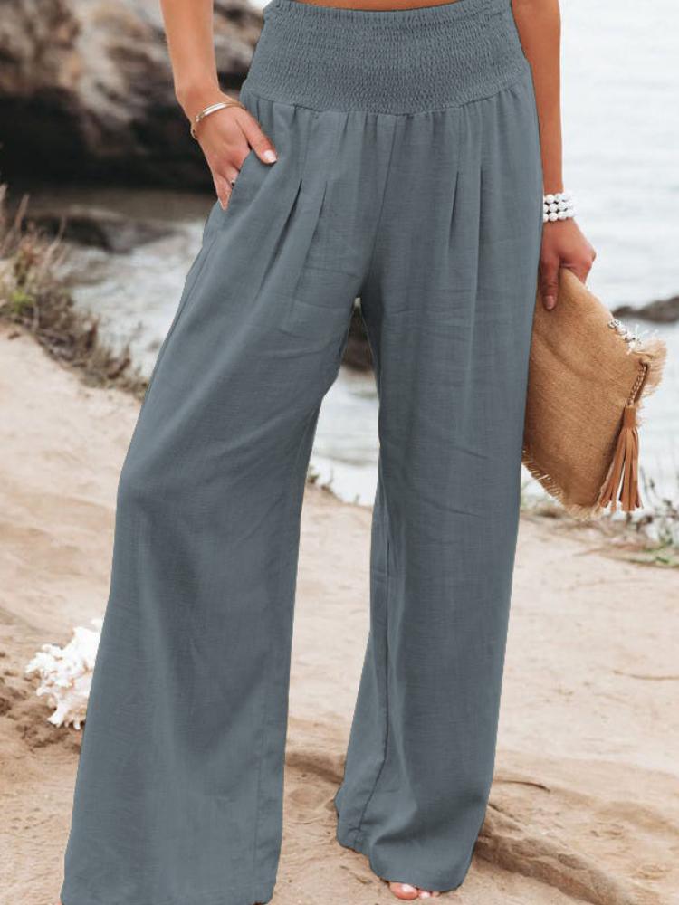 High Waisted Wide Leg Pants with Elastic Waistband, Light Beige Loose Fit Trousers for Women