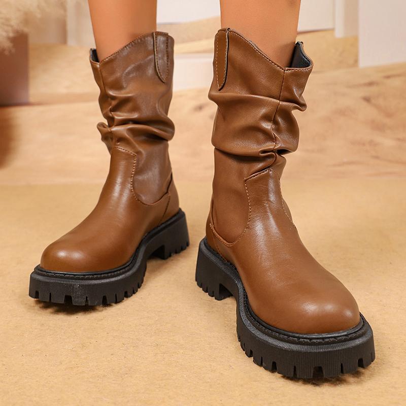 Fashion Fashion Chunky Platform Mid Calf Boots for Women Pleated Design PU Leather Western Boots Woman Autumn Winter Botas De Mujer 2025