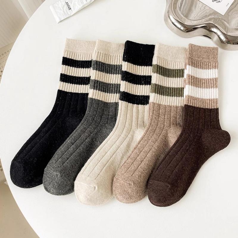

5 Pairs Women Striped Mid-calf Socks Autumn Winter Thermal Knitted Socks Brown Retro Slouch Boot Socks Casual Daily EU 35-42 5 pairs