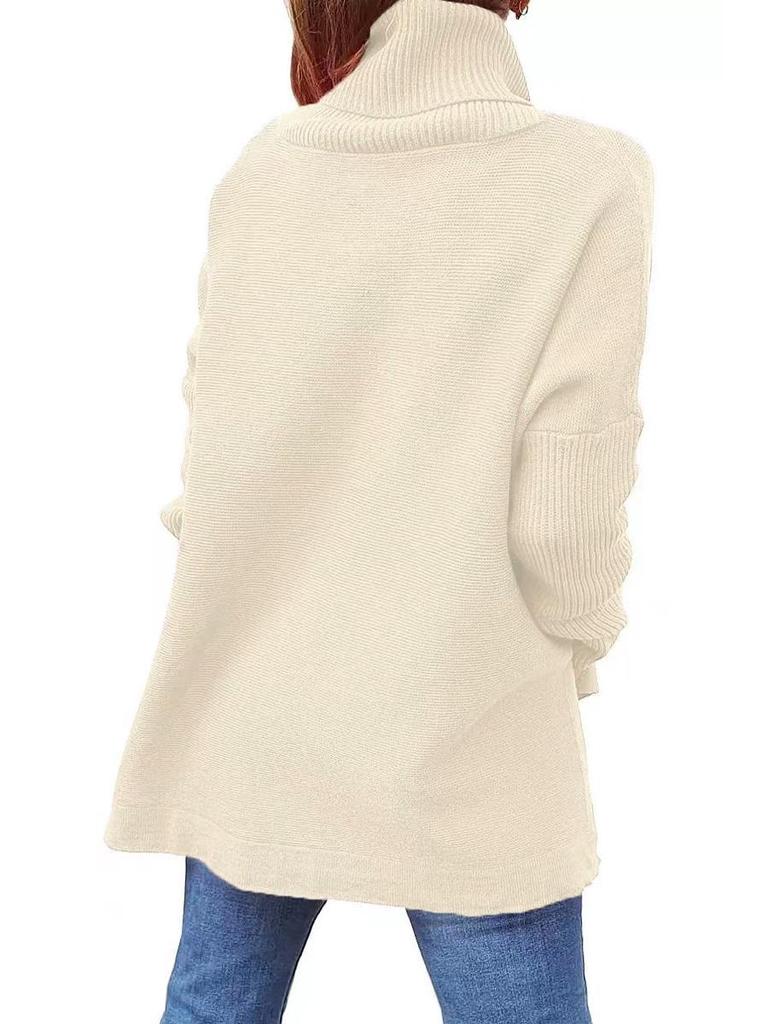 2024 Damen Hochhals Oversized Mittellanger Fledermausärmel Pullover mit Schlitzsaum und Taillengürtel