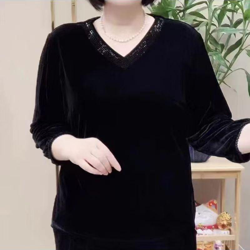 Elegant Gold Velvet Rhinestone Long Sleeve Top - Age-Reducing, Tummy-Covering, Perfect for Autumn/Winter 2XL