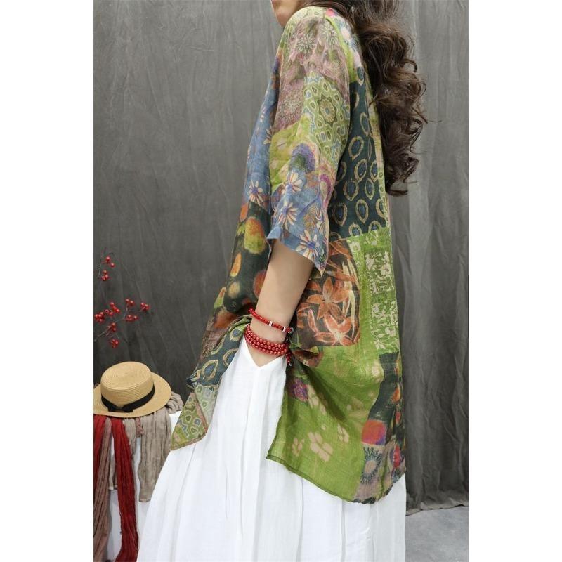 Blusa da Donna Oversize a Manica 3/4 con Stampa Floreale Patchwork Top Casual Largo