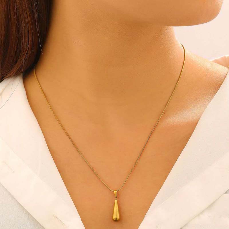 Stainless Steel Metal Waterdrop Pendant Earring Necklace Set For Women Fashion Gold Color Clavicle Chain Waterproof Zircon Gift