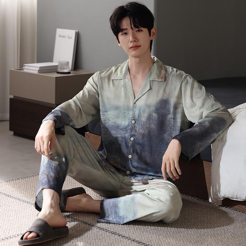 

Ice Silk Pajamas Men S Spring And Autumn Long-Sleeved Thin Summer Loungewear Imitation Silk High-End Loungewear Set L