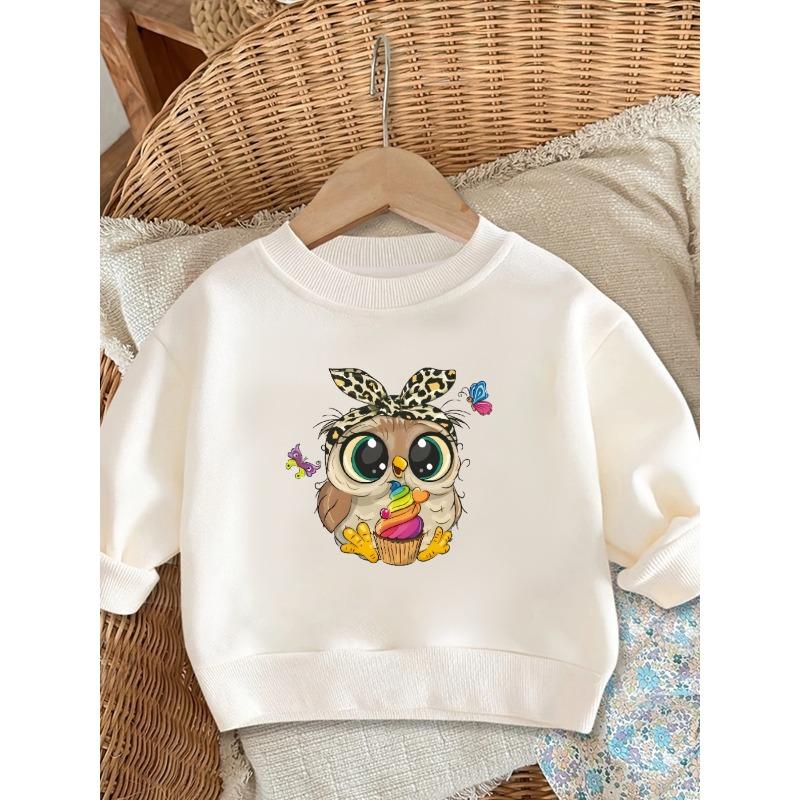 Kids Crewneck Pullover Sweatshirt, Cartoon Owl Eating Ice Cream Graphic Print 110 белый