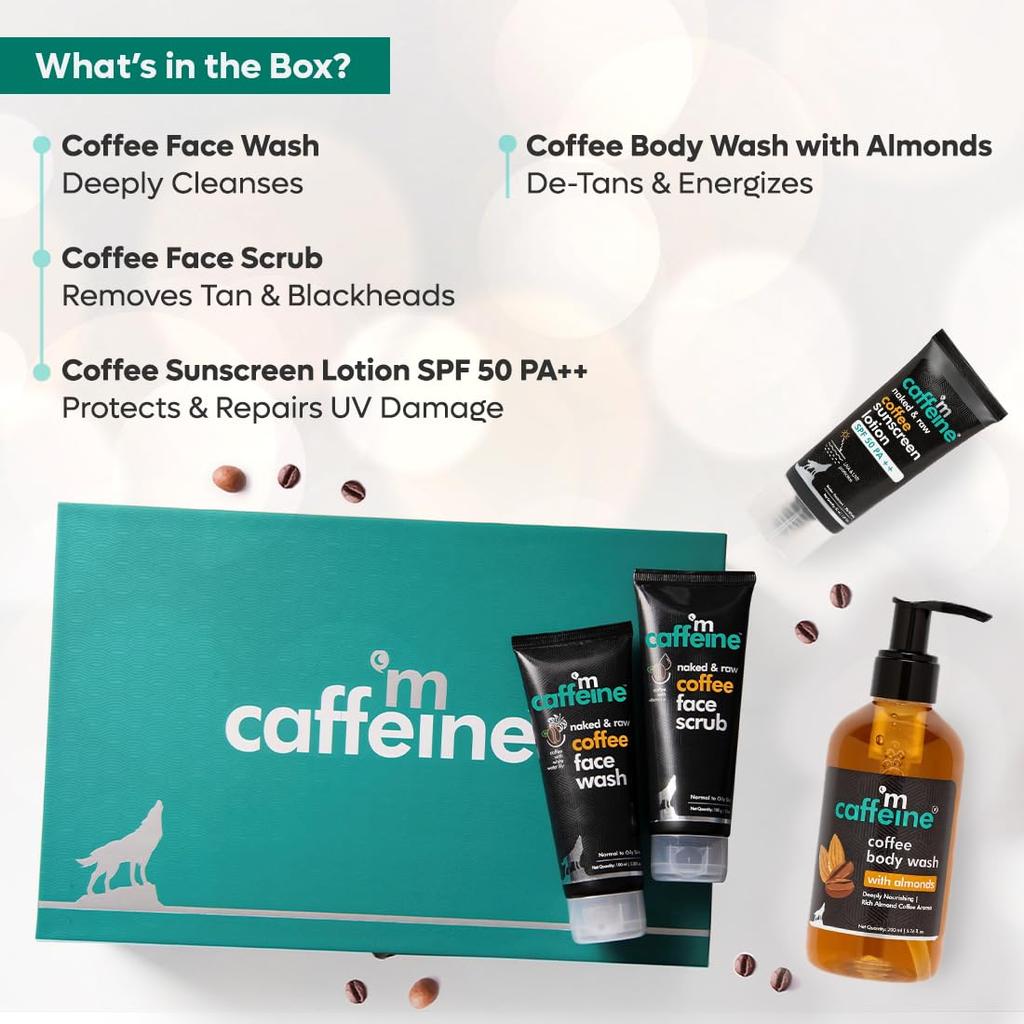 mCaffeine Gift Kit for Women & Men with Coffee Face Wash, Scrub, Body Wash & Sunscreen – All Skin Types