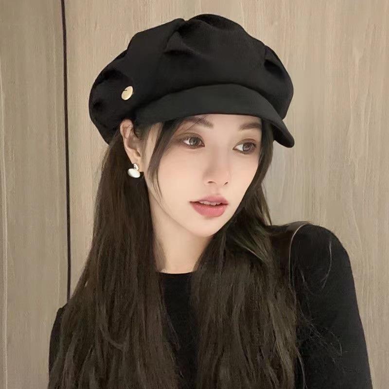 

Cloud Hat, Female, Wrinkled, Face Covering, Small Face, Octagonal Hat, Daily Travel, Casual Korean Version, Short Brimmed Beret Adjustable (54cm-58cm) чорний
