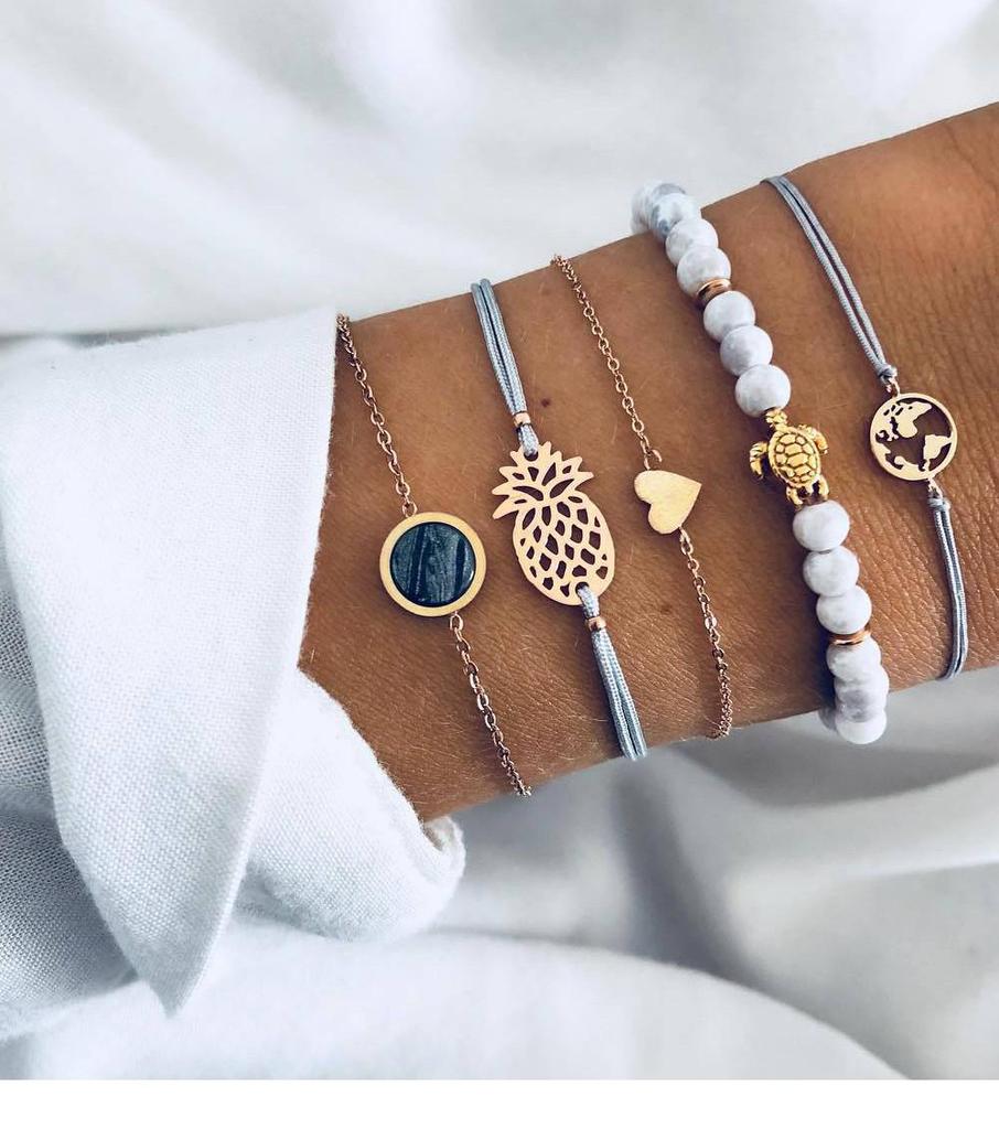 Turquoise Turtle & Seashell Geometric Heart Bracelet Set