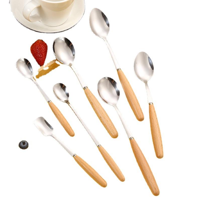 Rustfritt stål trehåndtak Knivgaffel Hjemmerestaurant Frukt Isskje Suppe Risskje Spisepinner Bestikk til kjøkkenbestikk