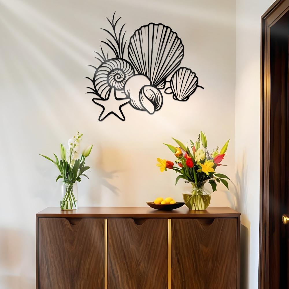 2D Large Laser Cut Iron Wall Art Floral Seashell Starfish Pattern, Heavy Duty Black Metal Rustic Look for Bathroom Living Room Decor, Gift for Women