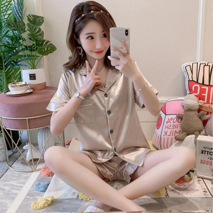 Summer Silk Satin Women Pajamas Set Button Down Top & Shorts 2 Pieces Sleepwear Notched Collar Nightwear Loungewear for Women