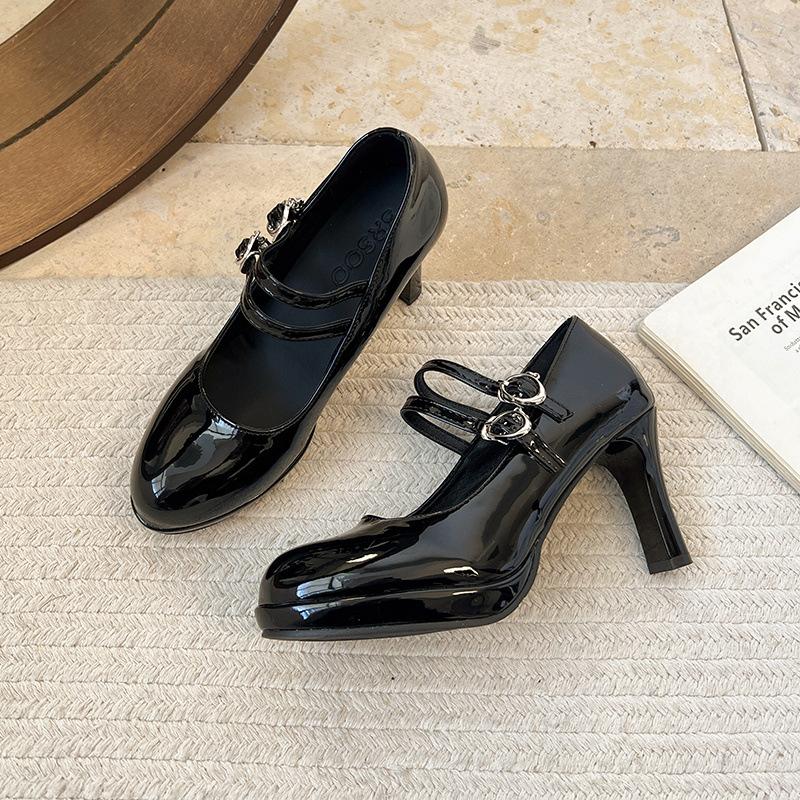 

Designer Luxury Patent Leather Thick Heel Women Mary Jane Shoes Fashion Belt Buckle Shoes Ladies Elegant Dress Dancing Pumps 35 чёрный