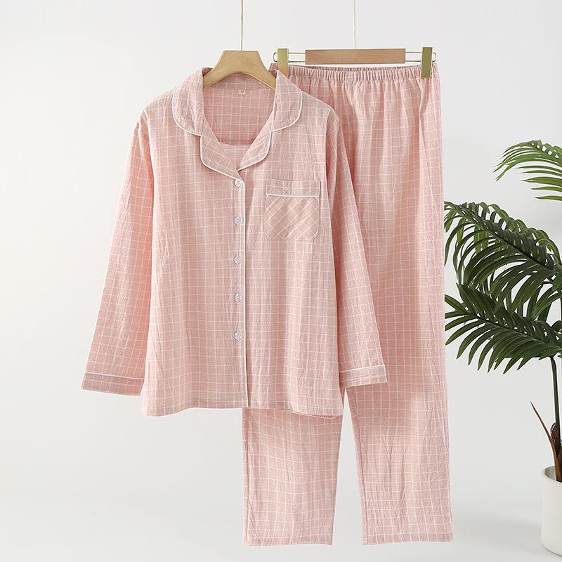 Couple Pajamas Two Piece Set Cotton Long Sleeved Pants Simple Plaid Print Pajamas Women Men Homewear Sleepwear