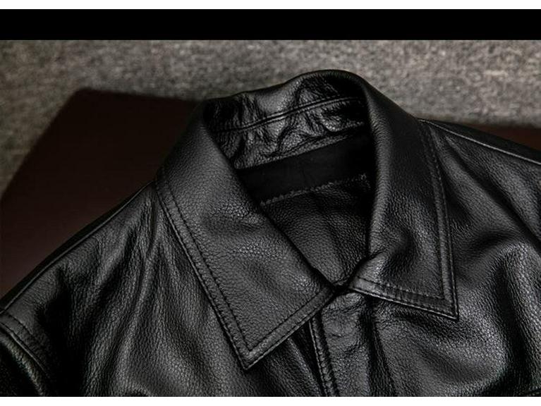 Męska kurtka ze skóry bydlęcej - Kołnierz wykładany, Krótki krój z bawełnianą podszewką, Duże rozmiary, Trend jesień/zima.