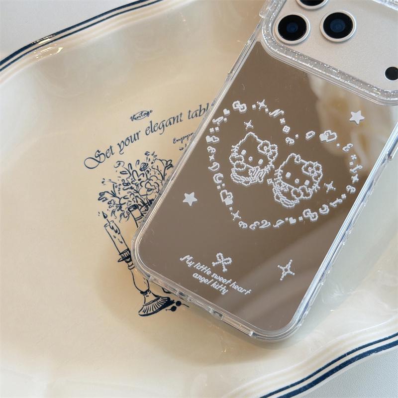 New 2026 Mirror Cartoon Cat Heart Phone Case For iPhone 17 Pro 16 15 14 Pro Max with Glitter Frame Shockproof Cover Girl