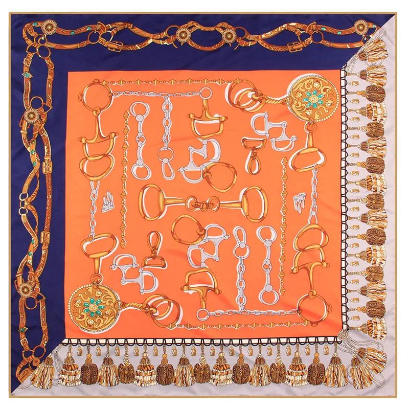 Manual Hand Rolled Twill Silk Scarf Women Tassel Chain Print Square Scarves Wraps Echarpe Curled Foulards Femme Bandana Hijabs